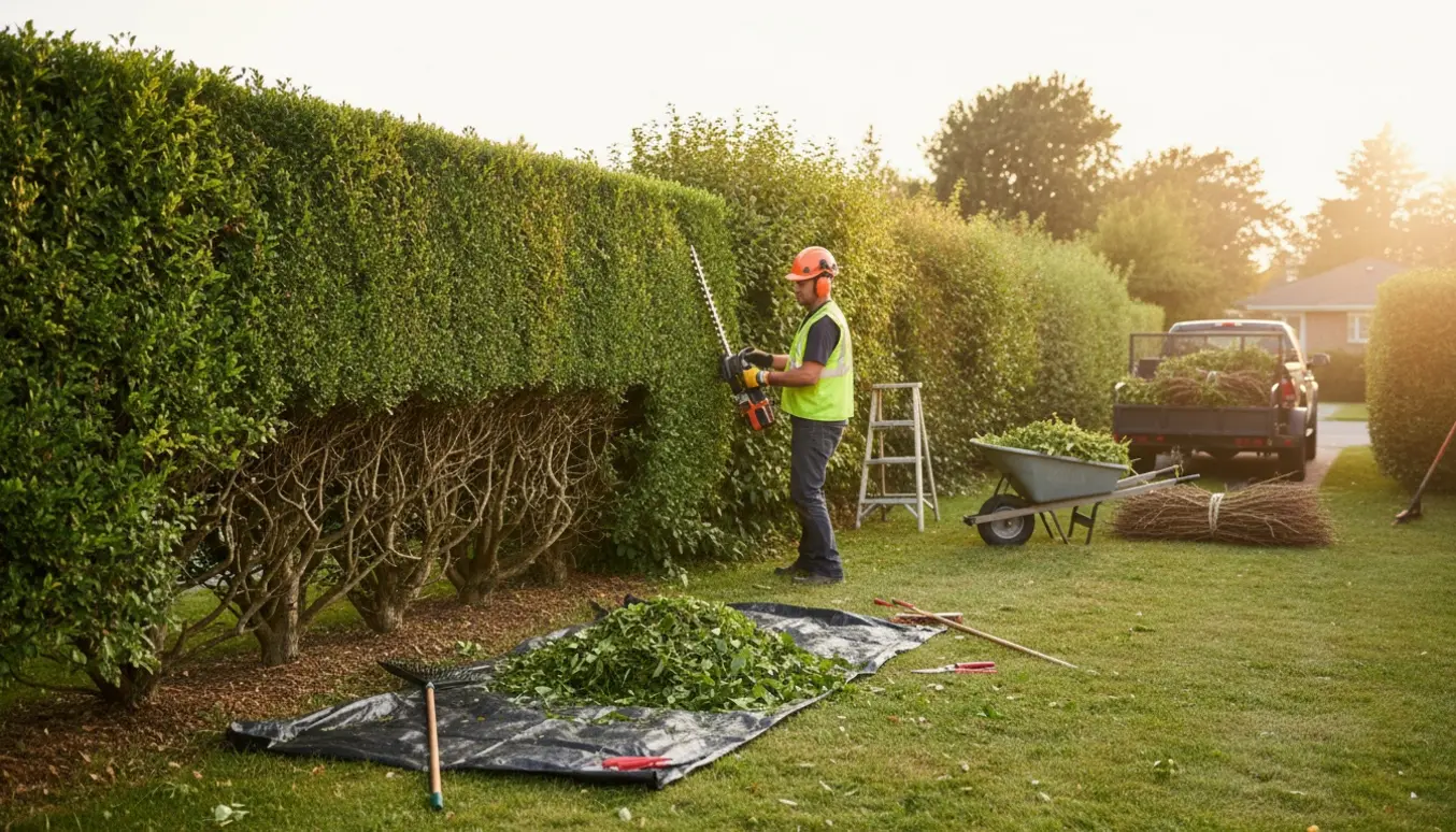 Lang havehæk trimmeres professionelt med bunker af afklip og trailer klar til bortkørsel.