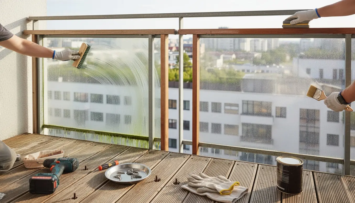 To træaltaner hvor handskerens hænder renser alger fra glas og sliber samt olierer rækværk med værktøj og nye skruer ved siden af.