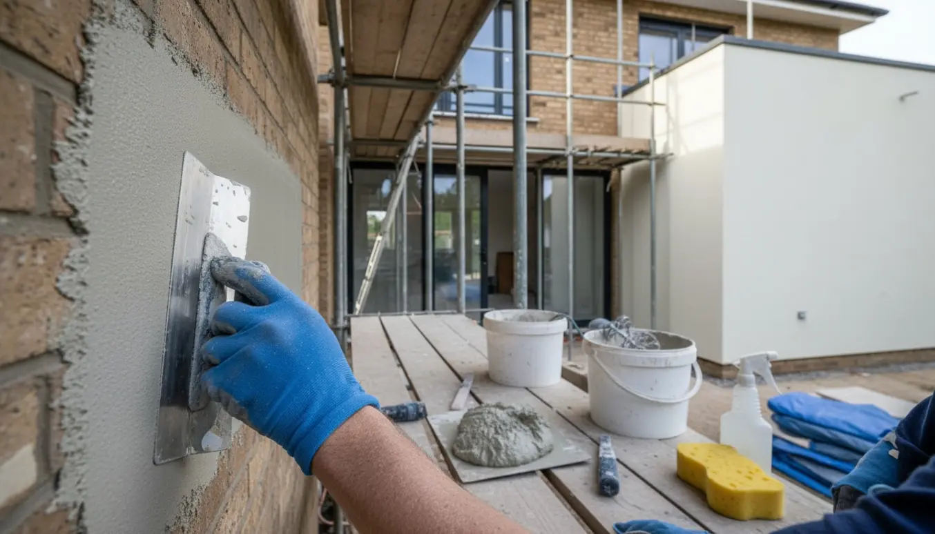Nærbillede af hænder, der glatter vandskuring på husmur med stillads og værktøj i baggrunden.