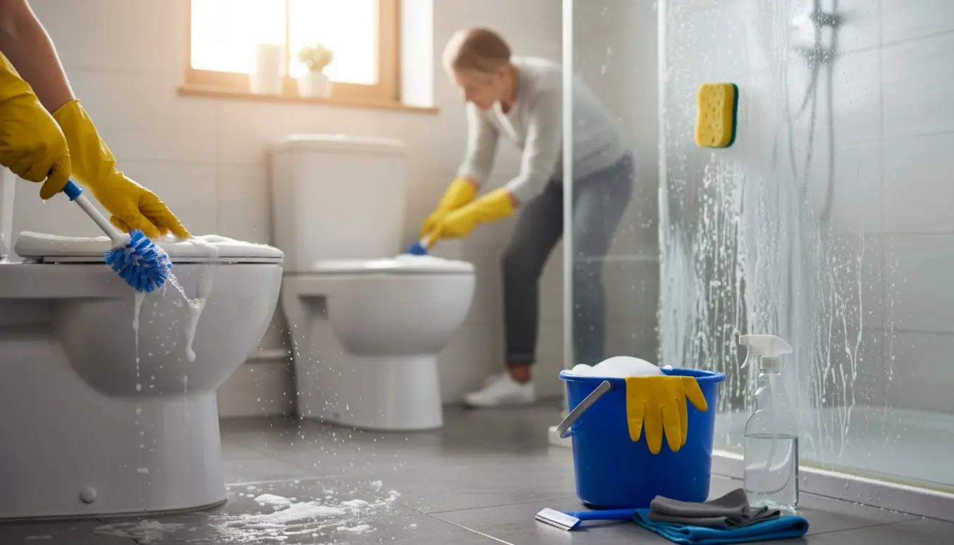 Hænder i handsker afkalker og rengør to toiletter i et lyst badeværelse med kalk på bruseglasset.