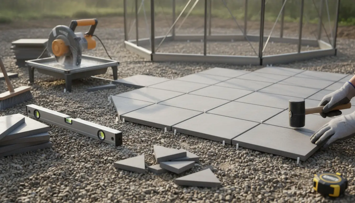 Nærbillede af lægning af 30x30 cm fliser på grus som bund til et sekskantet drivhus, med fliseskærer og værktøj.