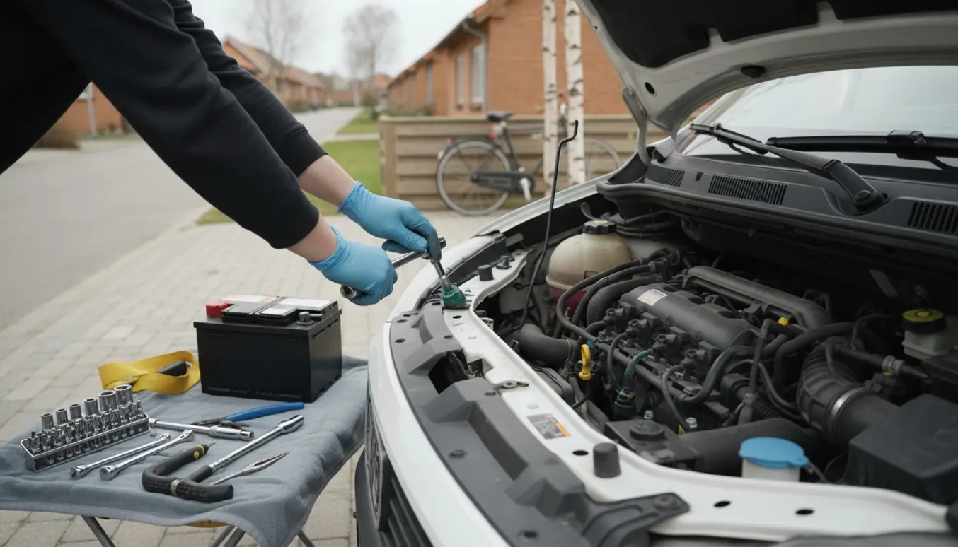 En person skifter batteri på en hvid varevogn i en dansk villavej.