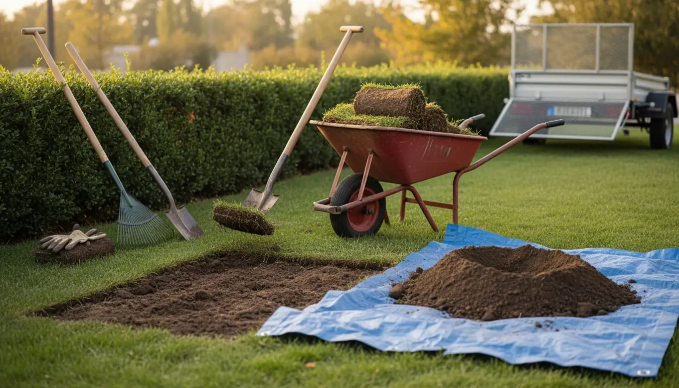 Opgravning af en lille forhave med spade, trillebør, bunker af jord og ruller græstørv ved en hæk.