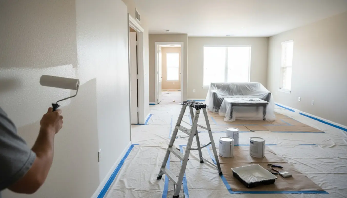 Lejlighed klar til maling med gulv afdækket og en maler, der ruller maling på væggen.