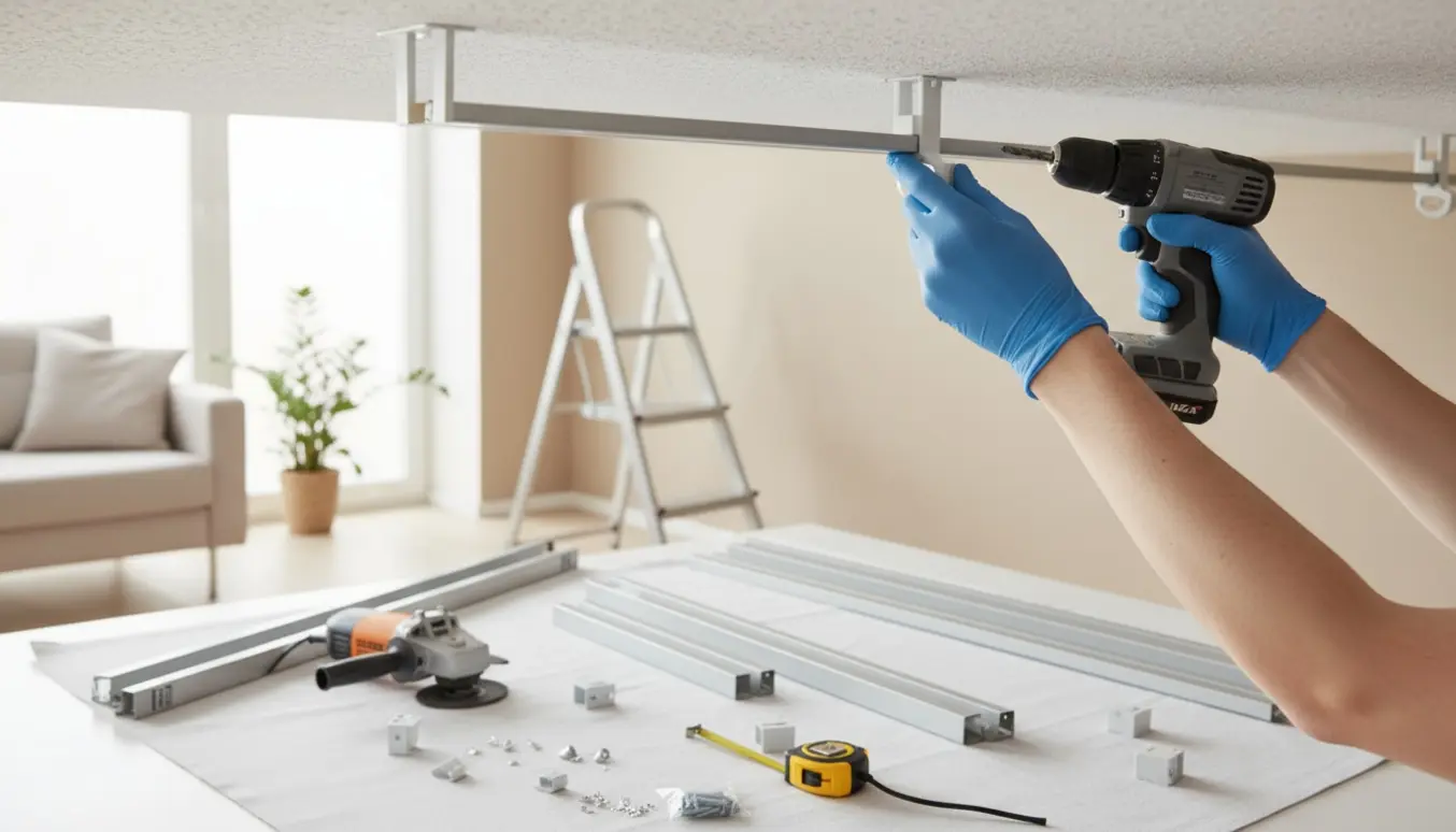 Nærbillede af hænder, der monterer en IKEA VIGDA gardinskinne i loftet ved en væg.