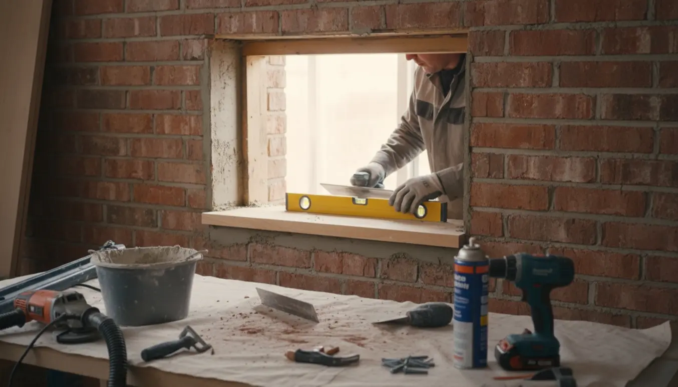 Hænder i handsker pudser falserne omkring et nyudskåret hul i en murstensvæg med en halvmonteret vindueskarm.