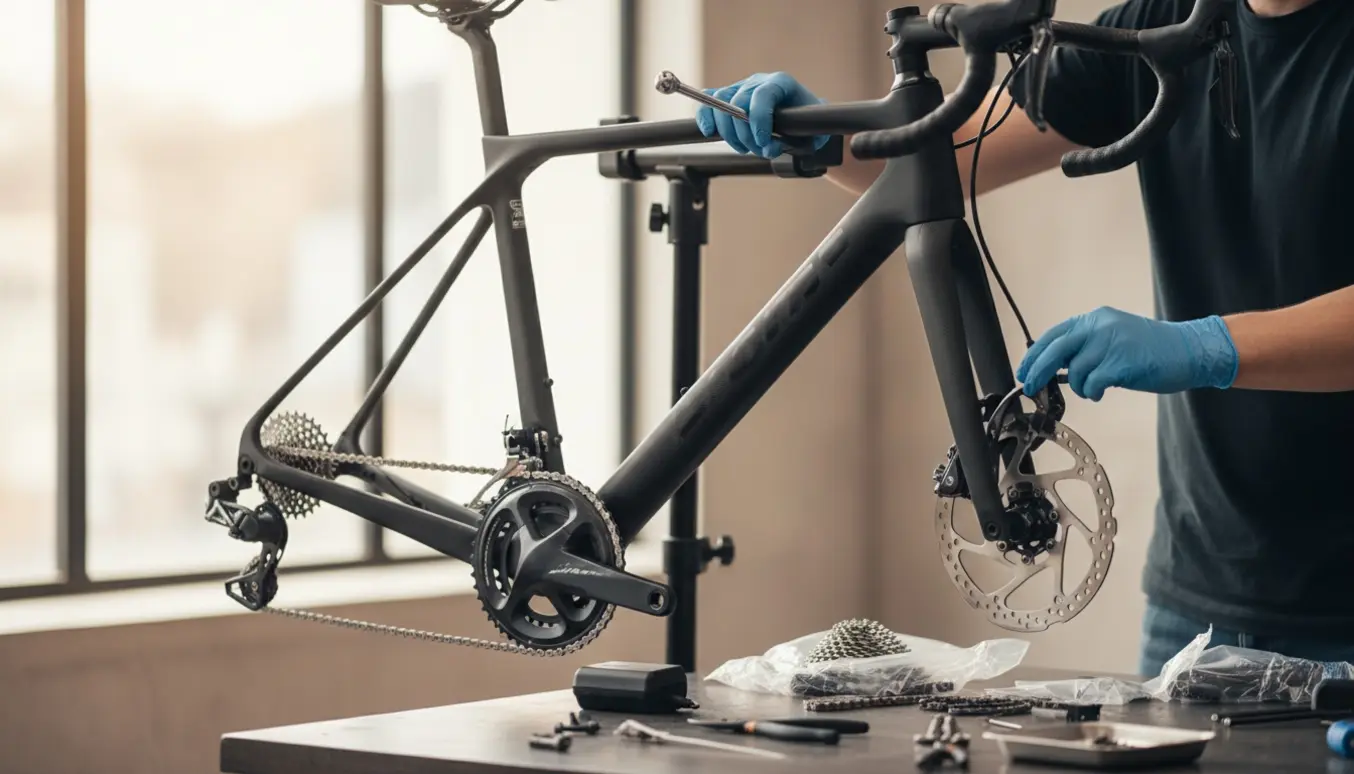 En mekaniker monterer en ny racercykel på et lyst værksted med Di2-komponenter og et carbonstyr.