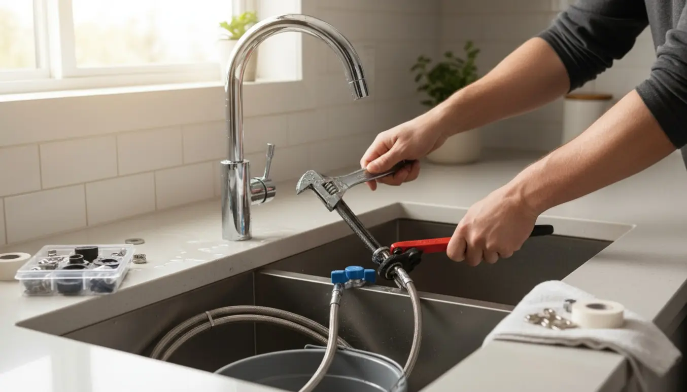 Hænder monterer et nyt krom køkkenarmatur over en vask med værktøj og dele ved siden af.