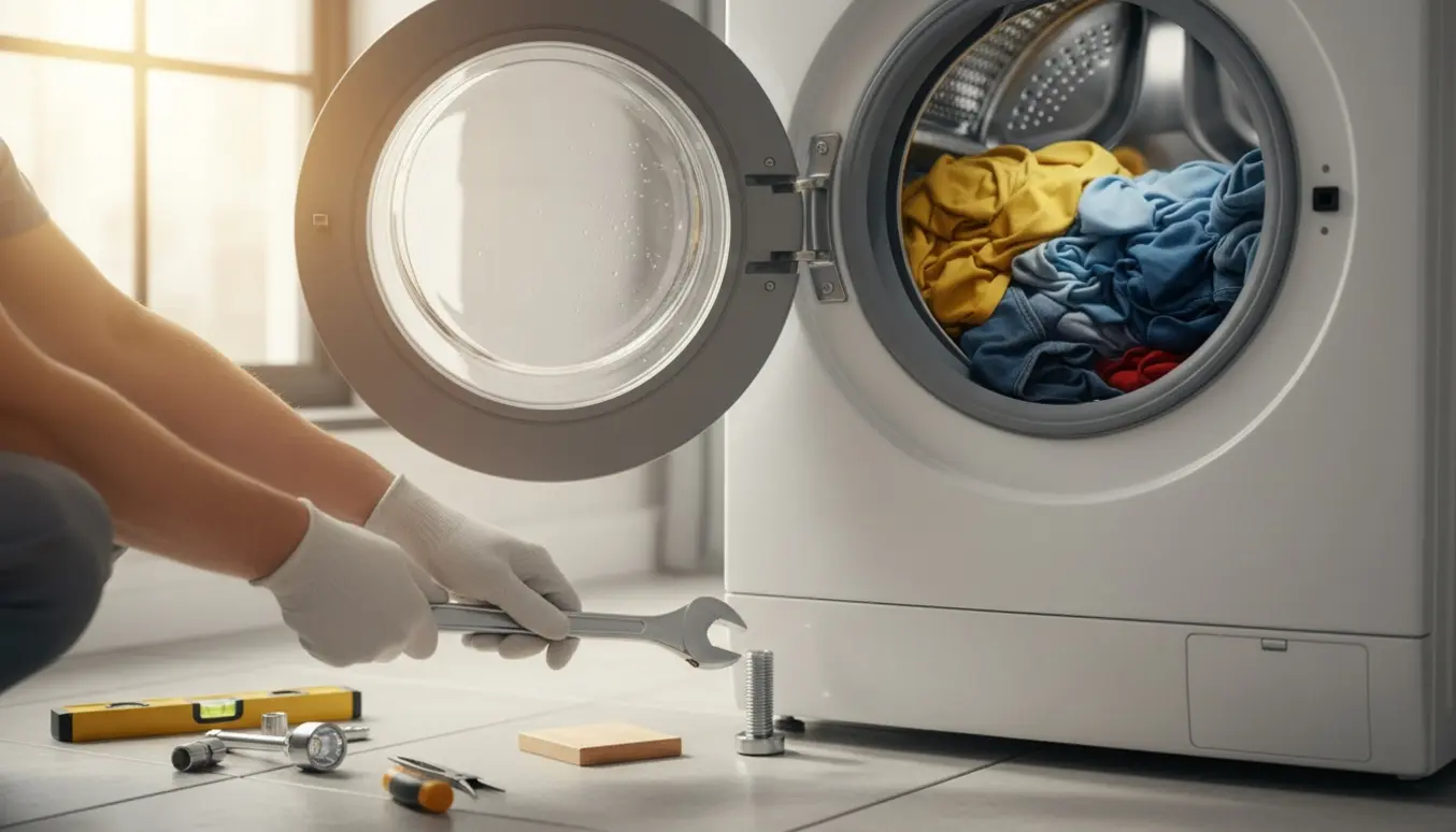 En tekniker justerer fødderne på en frontbetjent vaskemaskine med tøj samlet i tromlen for at rette ubalance.