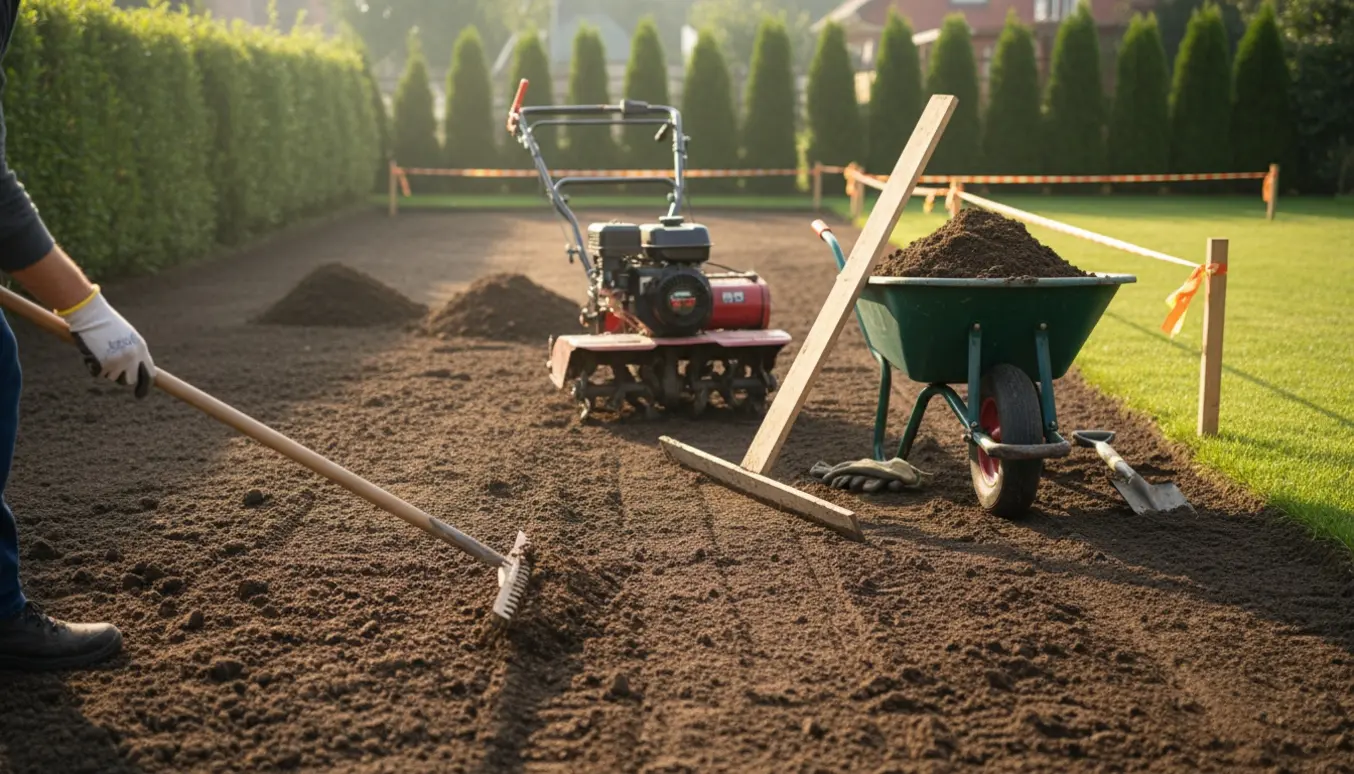 Stor have under planering med fræser, rive og trillebør klar til såning af ny græsplæne.