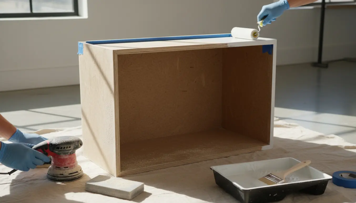 En lille MDF-bar med udvendig overflade, der slibes og males hvid, omgivet af slibeværktøj, malerrulle og afdækning.