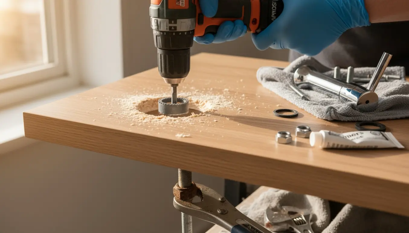 Nærbillede af køkkenbordplade, hvor et hul bores større til nyt armatur med værktøj og en fast møtrik.