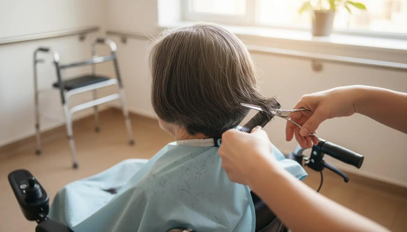 Mor i elektrisk kørestol får klippet kort hår i et lyst genoptræningsrum.