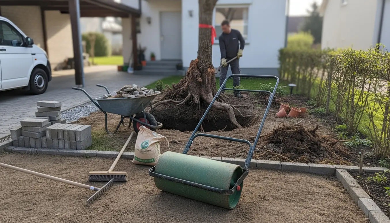 Forhave under renovering: træstub fjernes, blomsterbed og kantfliser gravet op, klar til tromling og såning af græs.