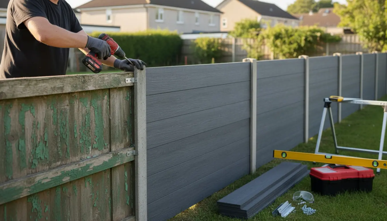 Installation af komposithegn oven på et eksisterende træhegn med værktøj og hænder i naturligt lys.