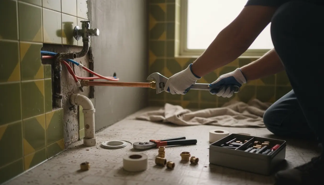 Udsnit af et 1970'er-badeværelse under VVS-klargøring med fjernet toilet, eksponerede rør, nye vandledninger og VVS-værktøj.