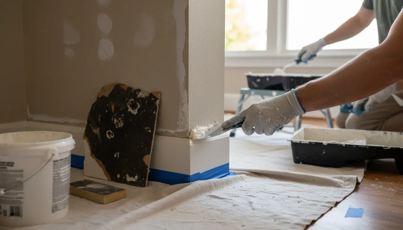 Nærbillede af spartling og maling af et hjørne efter skimmelsvamp med spartel, malerulle og afdækningsdug.