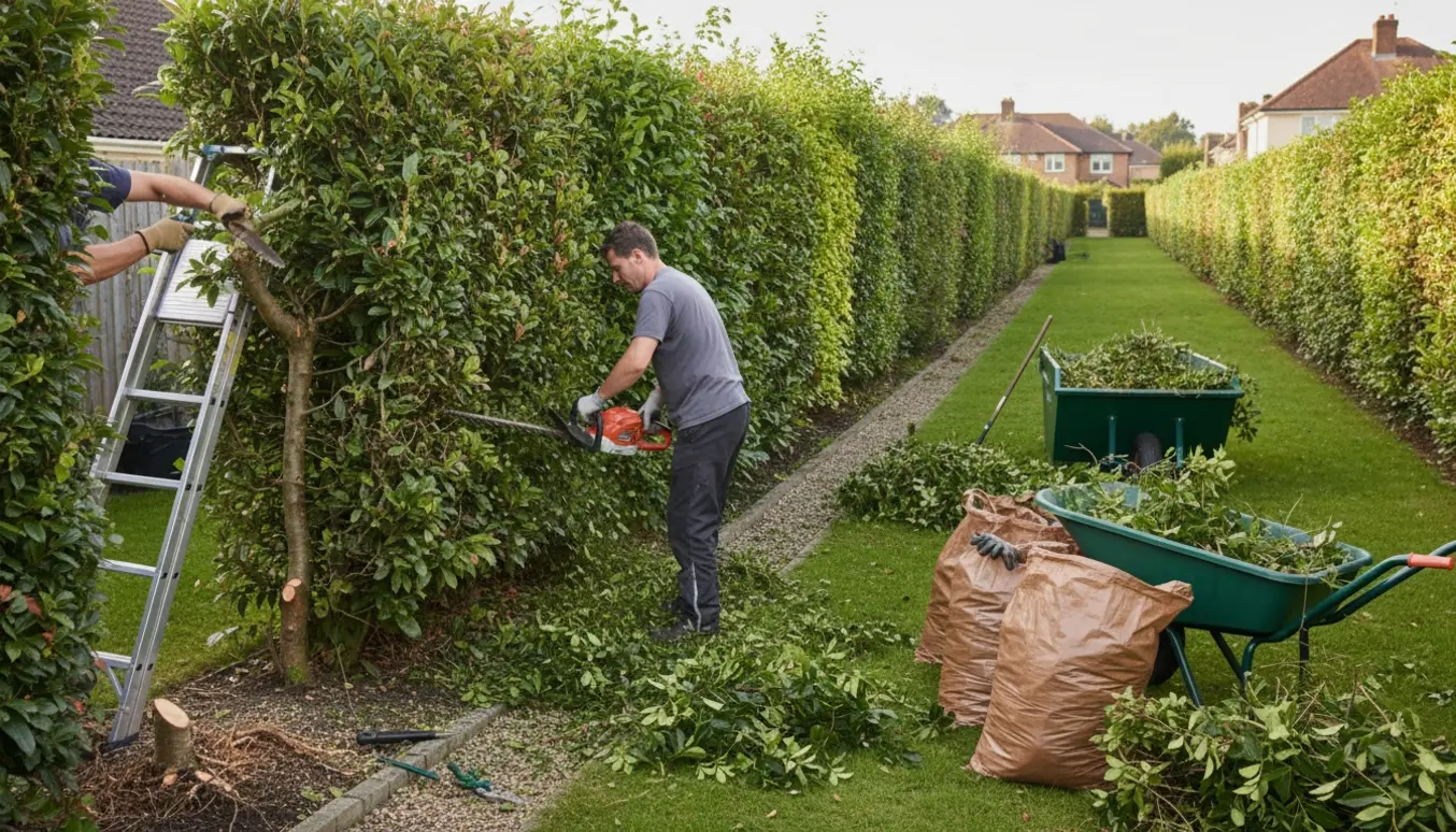 Hækklipning med stige, sav og trillebør fyldt med afklippede grene klar til bortskaffelse.