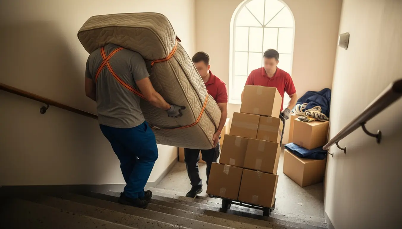 Flyttehjælp bærer en indpakket madras og stabler omkring ti flyttekasser i en smal trappeopgang på vej op ad flere etager.