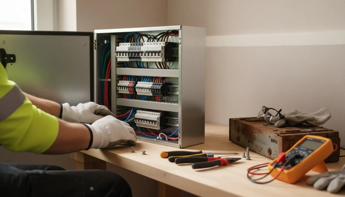 Nærbillede af en elektrikers hænder, der udskifter en gammel eltavle med en ny moderne tavle, omgivet af værktøj.