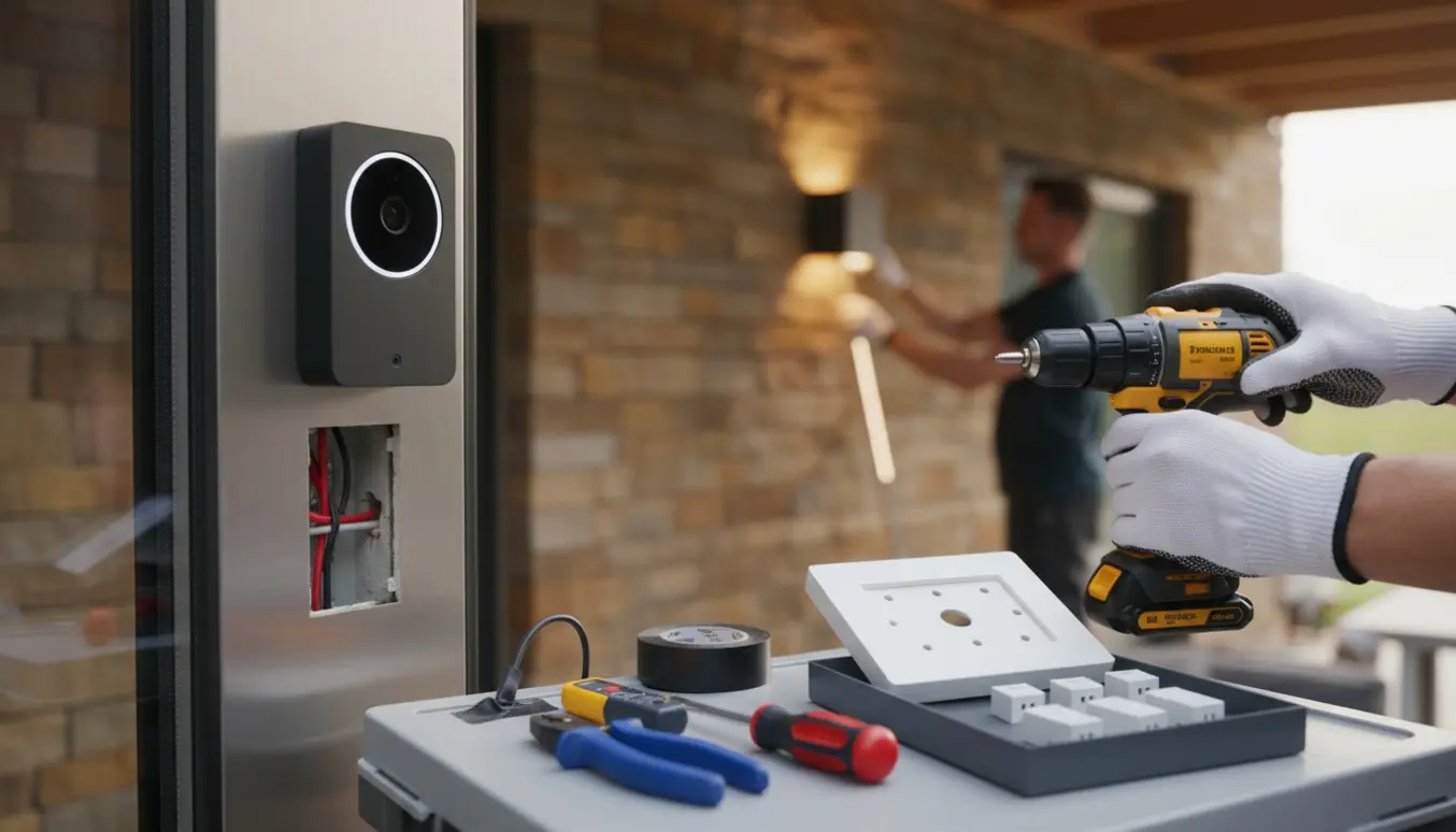 Hænder installerer en moderne ringeklokke på en metal dørramme med værktøj, kabler og udendørslampe i baggrunden.