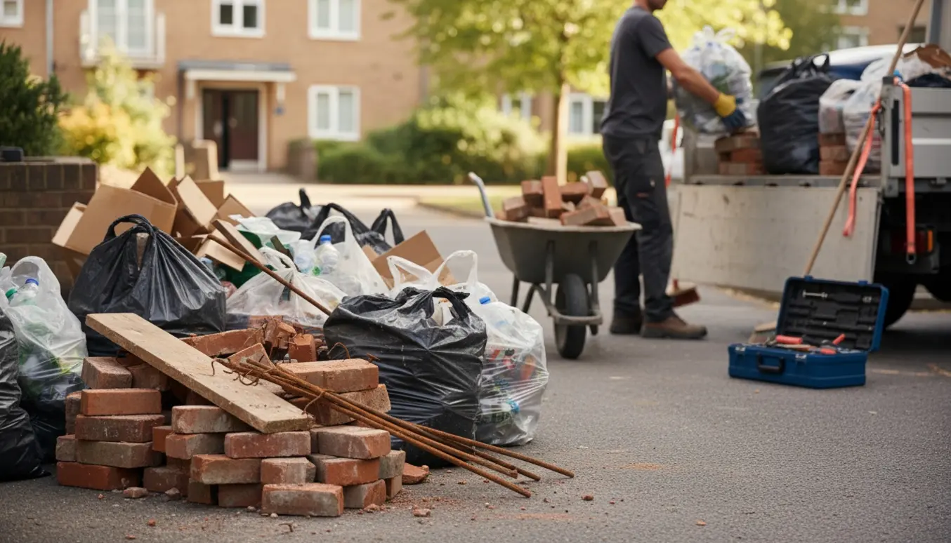 Sække med bygge- og flytteaffald læsses i en åben lastbil på en opkørsel.