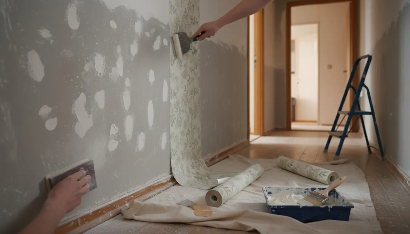 Spartlede vægge og delvist opsat tapet i en lille gang med værktøj på gulvet.