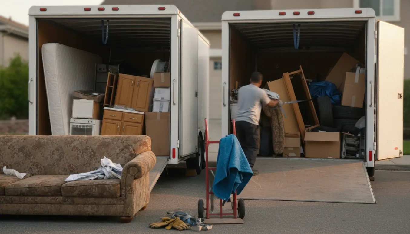 To trailere fyldt med møbler (seng, sofa og køkkenelementer) klar til afhentning uden for en bolig.