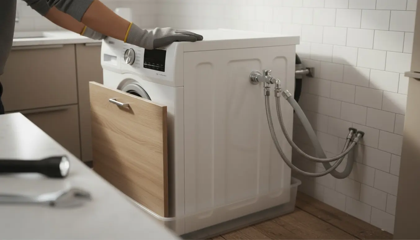 Ny hvid vaskemaskine placeres oven på en drypbakke, mens en hånd lukker for vandventilen.