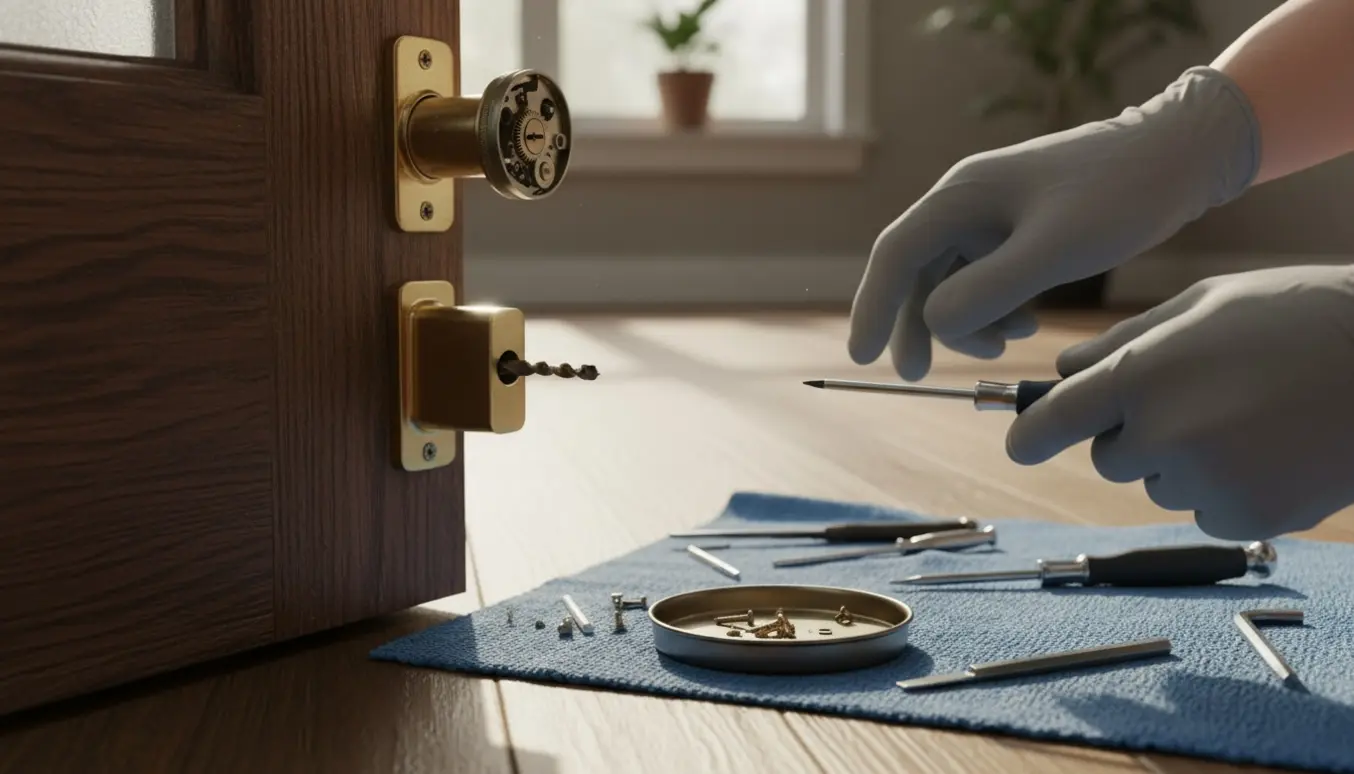Nærbillede af reparation af lås i en yderdør med værktøj og løse skruer.