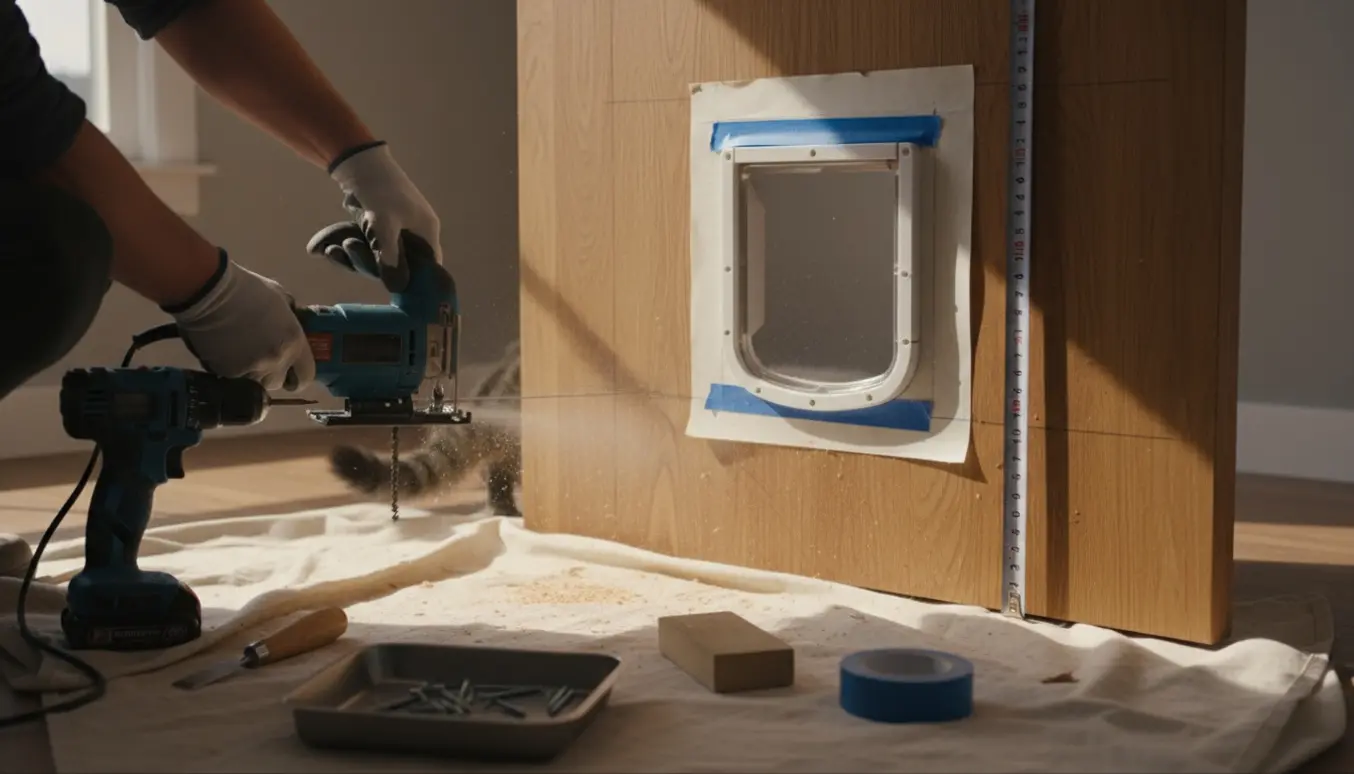 Nærbillede af montage af kattelem i en trædør med værktøj og en kats hale i baggrunden.