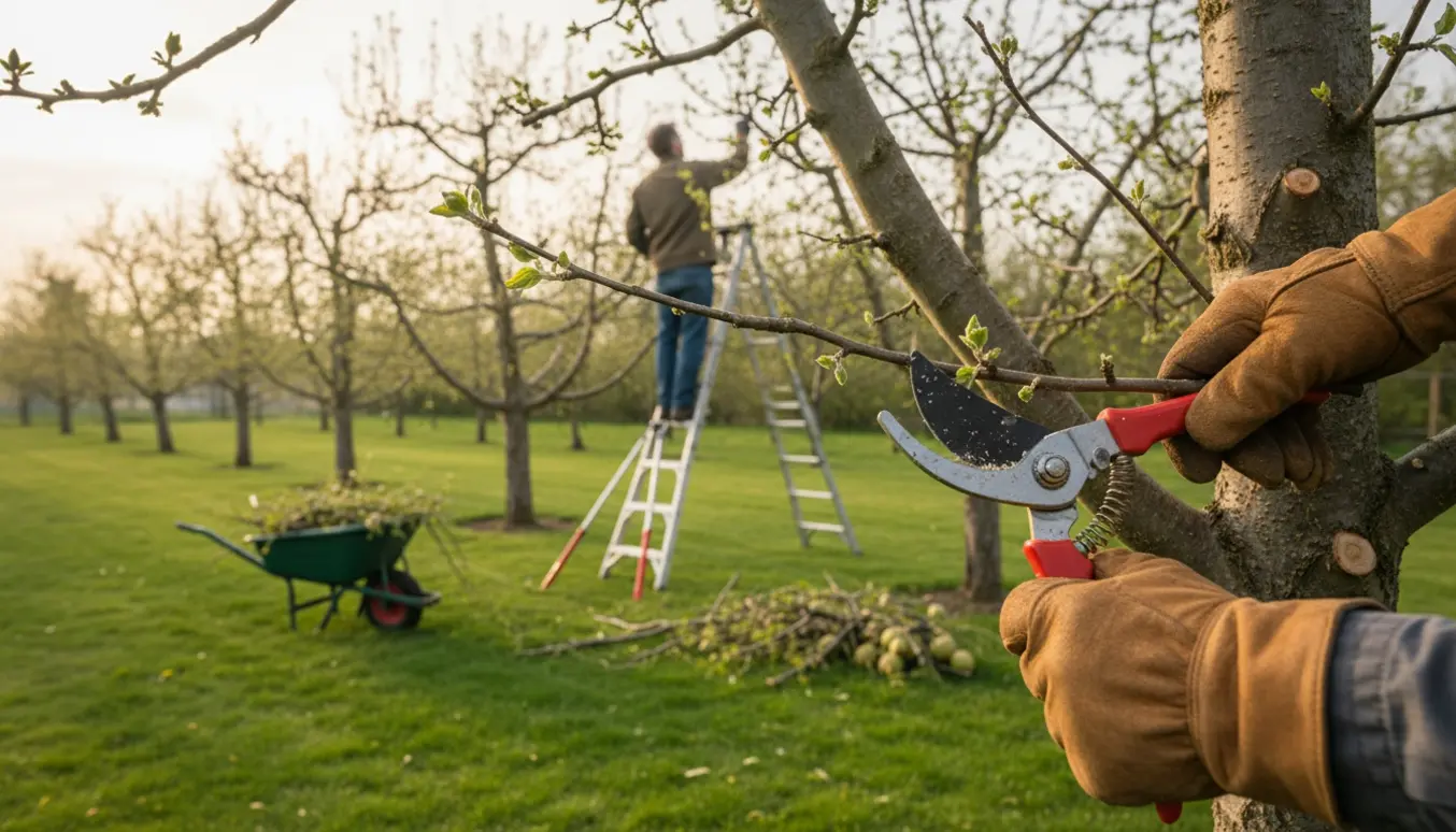 Hænder med beskærersaks klipper en gren i en baghave med syv frugttræer og en trillebør fyldt med kviste.