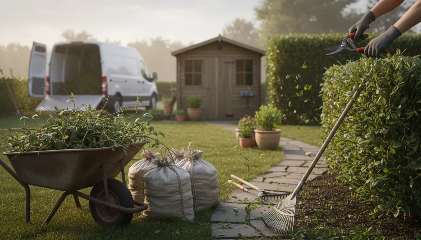 Hænder i handsker beskærer en forsømt lille have, trillebør og sække med haveaffald står klar til bortkørsel.