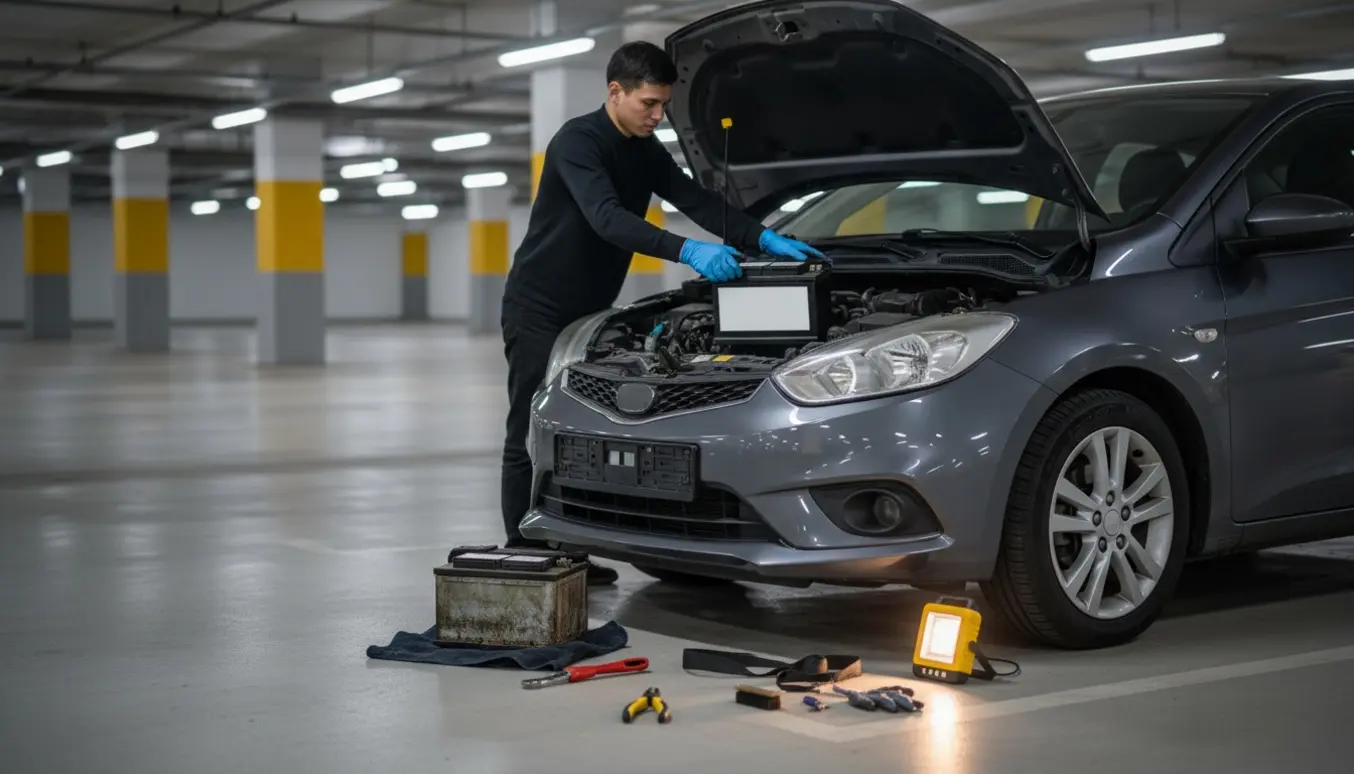 Nyt bilbatteri isættes i en lille hatchback i en p-kælder med værktøj ved siden af.
