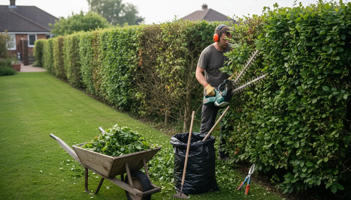 Lang bøgehæk klippes, og friske klip samles i trillebør og affaldssæk.