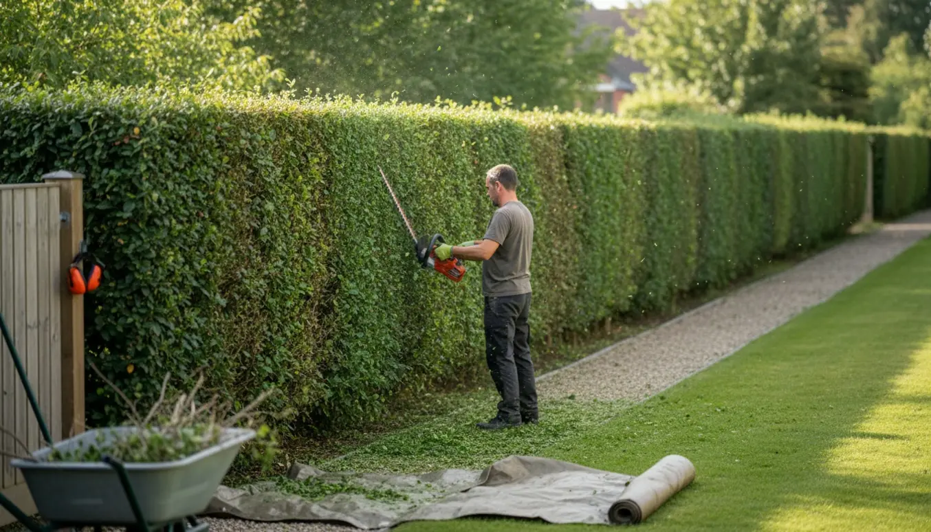 En person klipper en tæt hæk på ca. 2 meter højde langs en cirka 50 meter lang havegrænse.