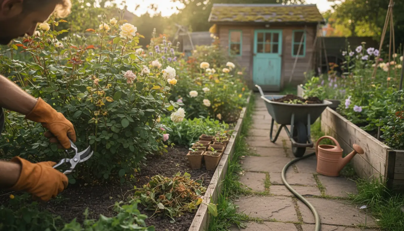 En have med overgroede bede, hænder der luger og beskærer i blidt morgenlys.