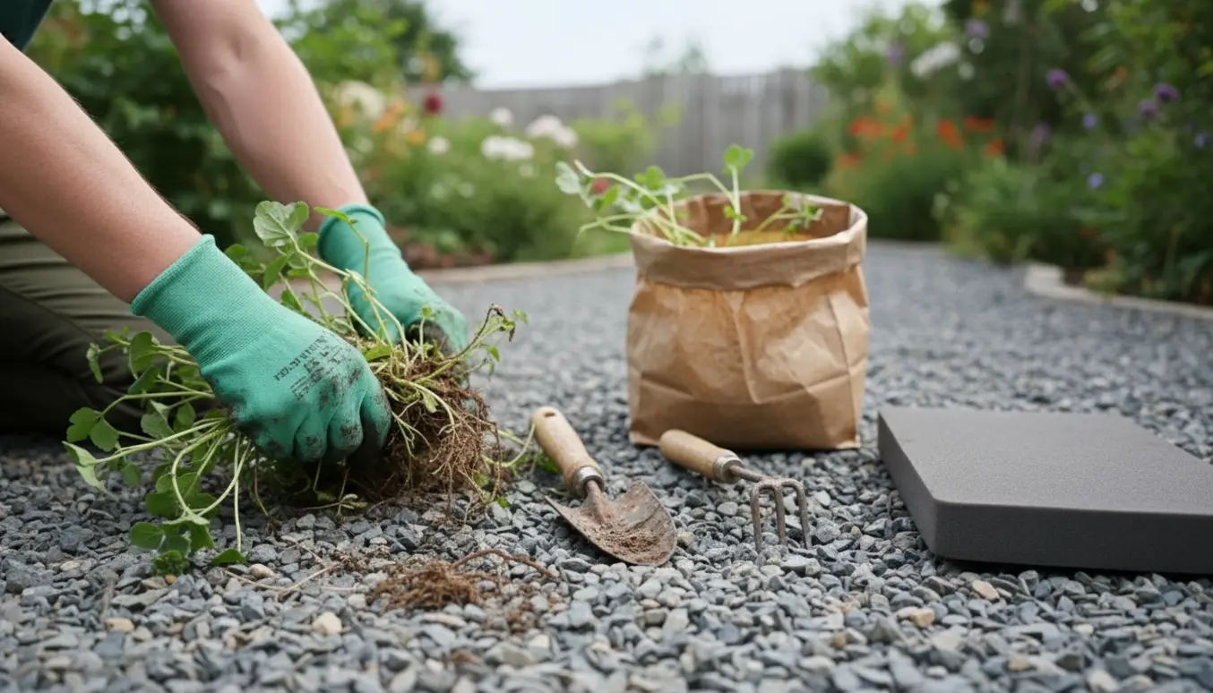 Nærbillede af hænder, der trækker ukrudt op fra et grusareal med håndredskaber og en pose til haveaffald.