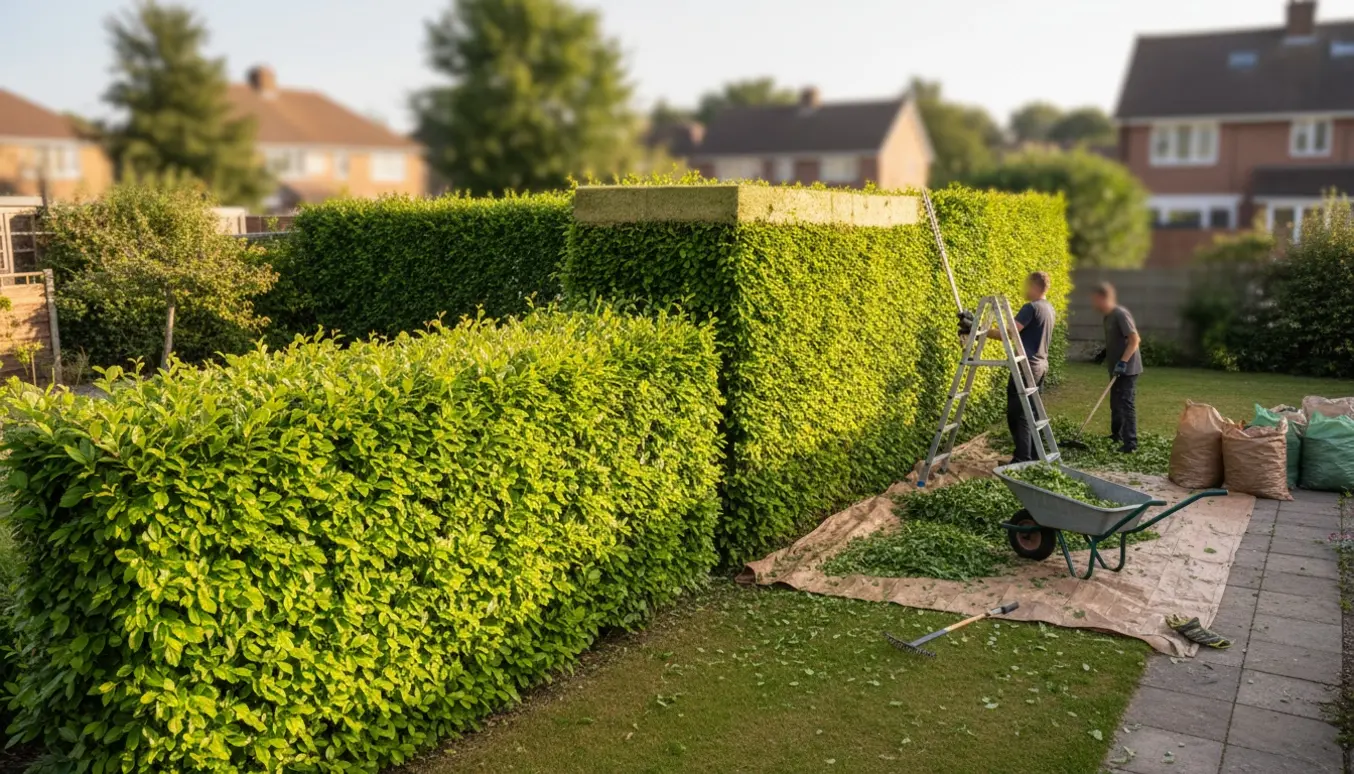 To havearbejdere trimmer to bøgehække, den ene lav og nydeligt skåret, den anden høj med toppen klippet og afklip samlet i trillebør.