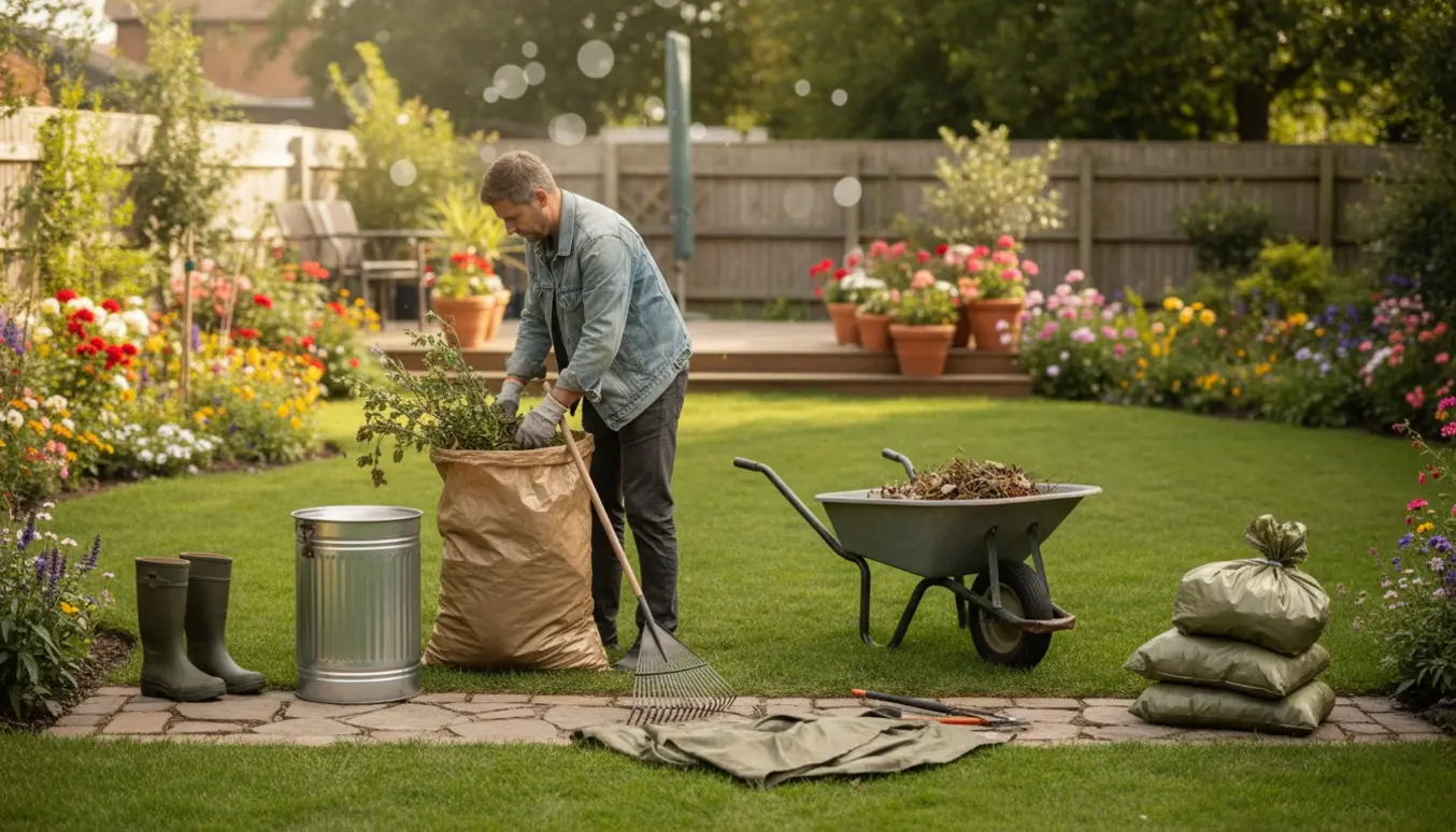 Person lægger grene og haveaffald i en pose i en solrig, velordnet baghave.