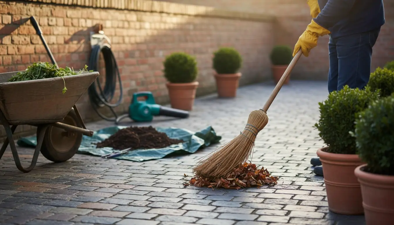 Handsker fejer blade i en velholdt gårdsplads med trillebør og haveværktøj.