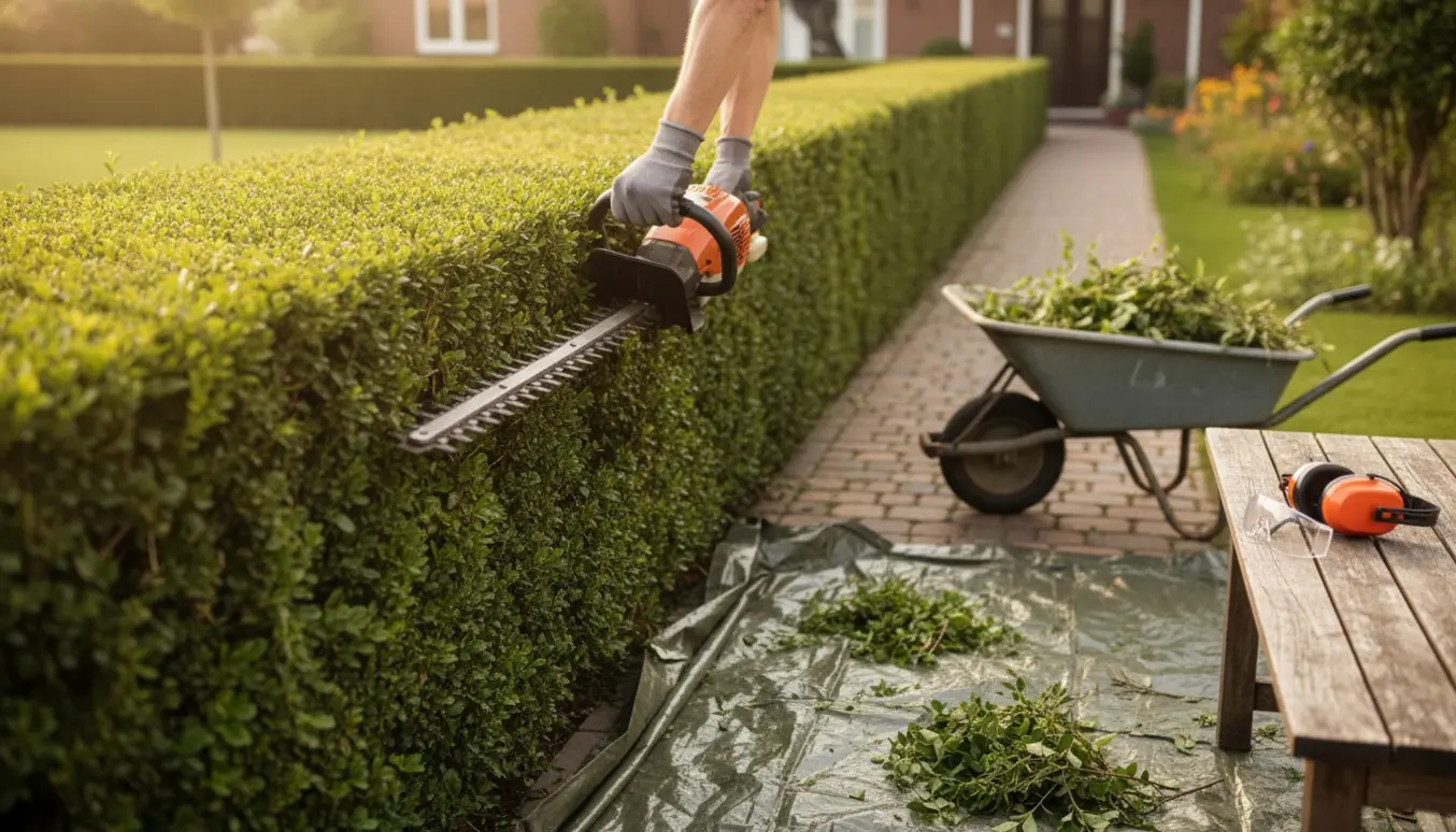 Nykåret lang hæk med en hækkeklipper, handsker og bunker af afklippede grene i en solbelyst forhave.