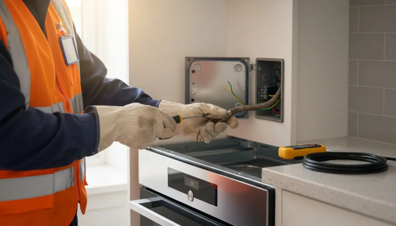 Elektriker forbinder ovnens ledning i en åben el-dåse i et moderne køkken.
