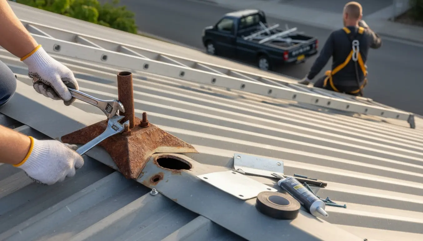 En tekniker uden synligt ansigt demonterer en tv-antenne på et tag, med stige på nordsiden og udstyr klar til at tætne hullet i tagpladen.