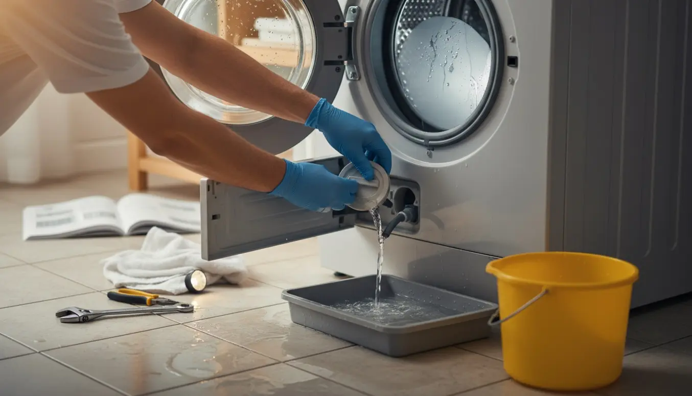 Hænder i handsker åbner det nederste filter på en frontbetjent vaskemaskine, mens vand drænes i en spand.