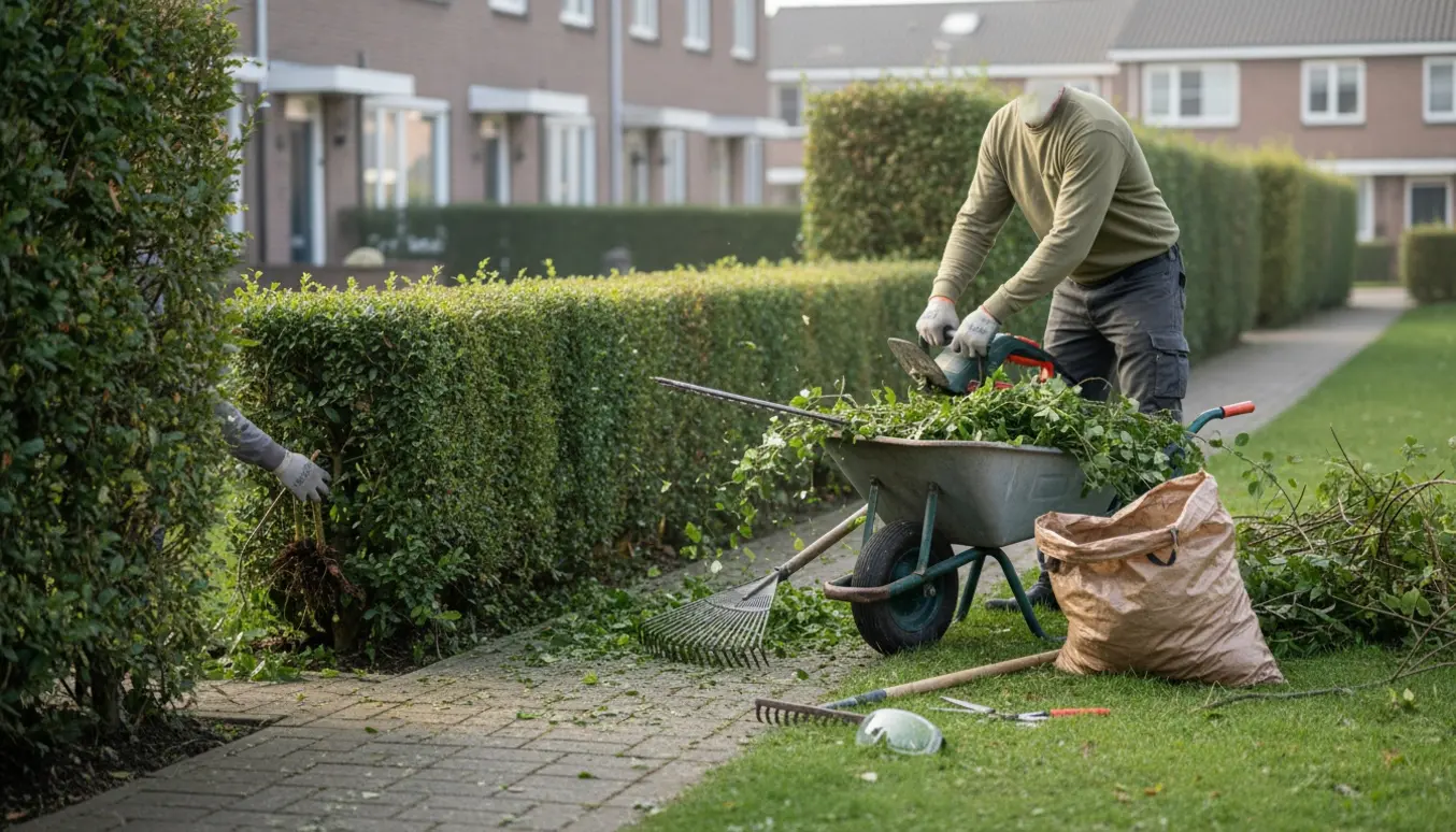 En person trimmer en hæk ved et rækkehus med afklippede grene i en trillebør og fjernet tornet ukrudt.