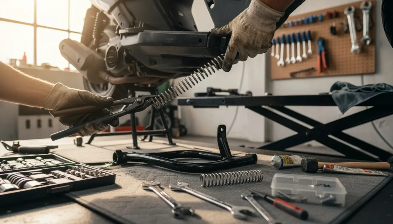 Mekaniker monterer ny fjeder på dobbelt støtteben på en PGO Hot 50 knallert i et værksted.