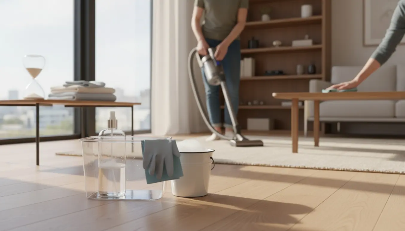 Solbeskinnet stue i rengøring med rengøringsbøtte, klud og en person, hvor ansigtet ikke ses.