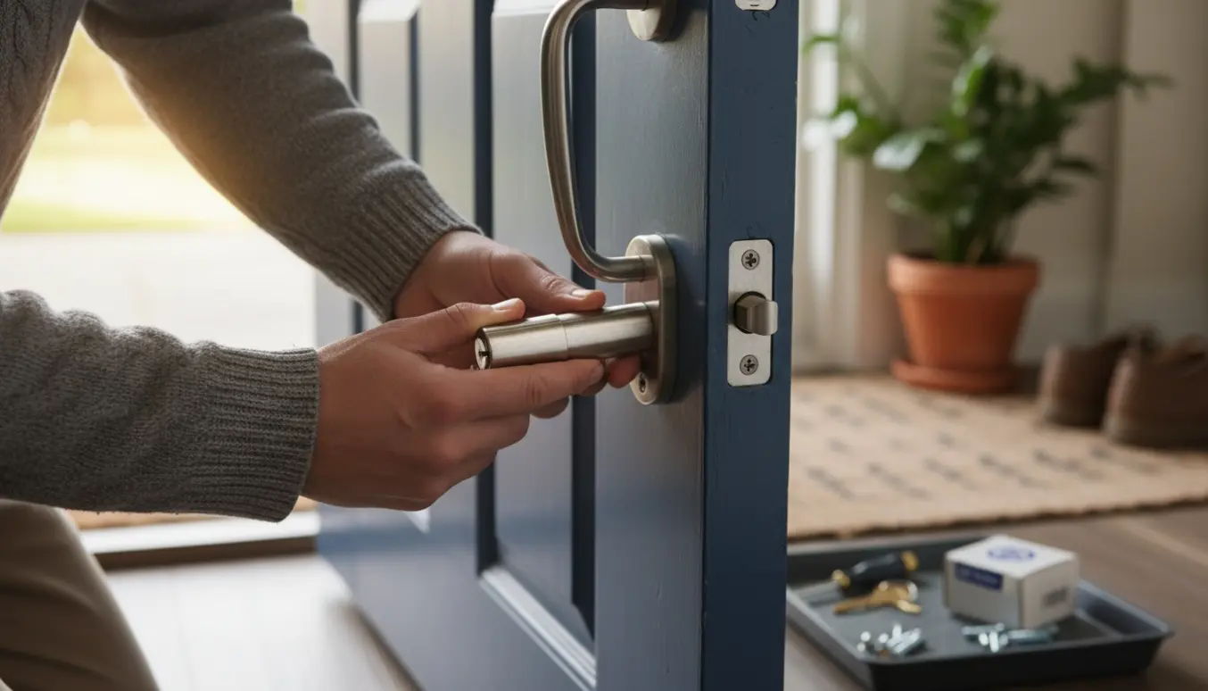 Hænder udskifter låsecylinder i hoveddøren med skruetrækker og nye dele.