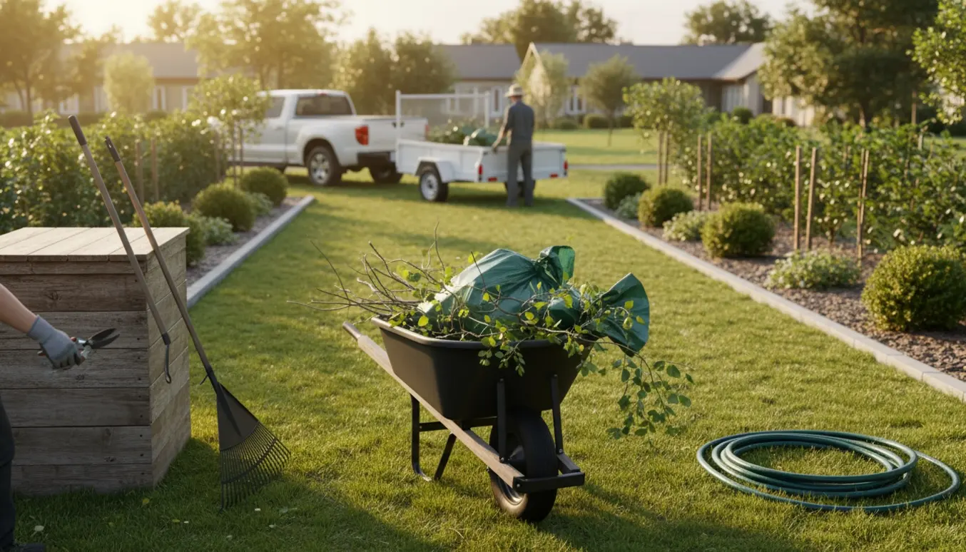 Velordnet have med nyklippet græs, beskårne buske og en trillebør fyldt med haveaffald klar til afhentning.